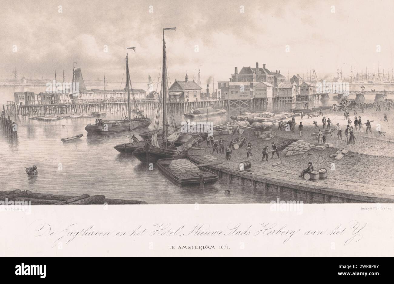 View of the Nieuwe Stadsherberg in Amsterdam, De Jagthaven and the Hotel 'Nieuwe Stads Herberg' on the IJ (title on object), print maker: Willem Hendrik Eickelberg, after design by: Willem Hendrik Eickelberg, printer: Tresling & Comp., Amsterdam, 1871, paper, height 537 mm × width 665 mm, print Stock Photo