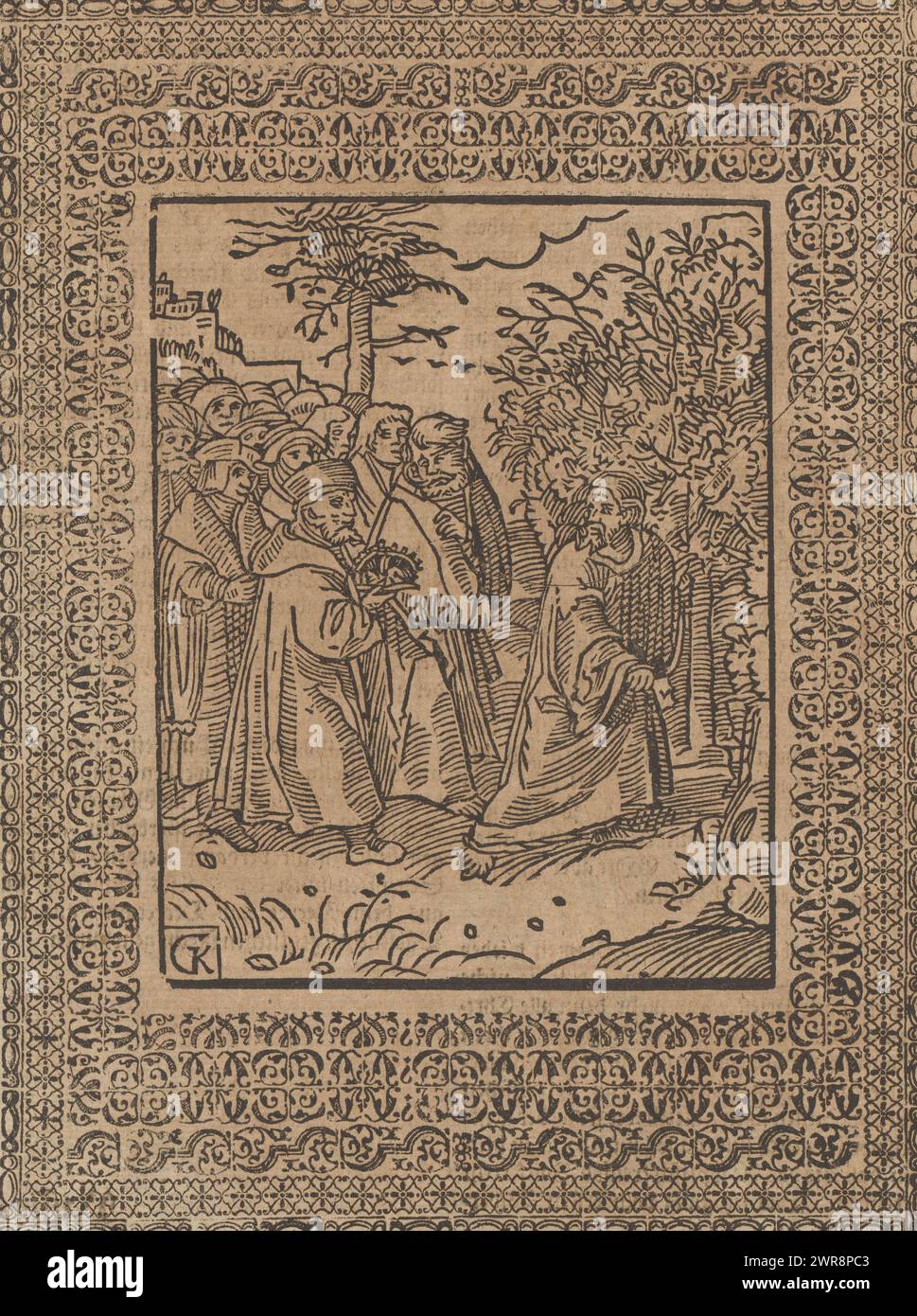 Christ flees from the Jews who want to crown him, Passional Christi und Antichristi (series title), Christ flees from the Jews who want to crown him. Contradiction about the use of power. Mirror-image copy of the print by Lucas Cranach in Martin Luther's pamphlet 'Passional Christi und Antichristi' from 1521, page 598 from a 17th century edition. In the series of 13 pairs, the example of Christ is contrasted with the behavior of the Pope in two representations., print maker: Monogrammist GK (prentmaker, 17e eeuw), after print by: Lucas Cranach (I), Europe, c. 1661, paper Stock Photo
