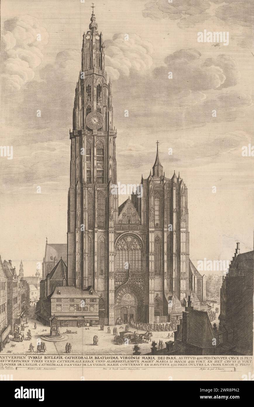View of the Cathedral of Our Lady in Antwerp, Antverpien turris ecclesiae cathedralis, beatissimae virginis Mariae dei-parae (...) / Antwerp tower of (...) / Clocher de l'eglise cathedrale d'anvers (... ) (title on object), print maker: Wenceslaus Hollar, after own design by: Wenceslaus Hollar, publisher: Gilles Hendricx, Antwerp, 1649, paper, etching, height 483 mm × width 337 mm, print Stock Photo
