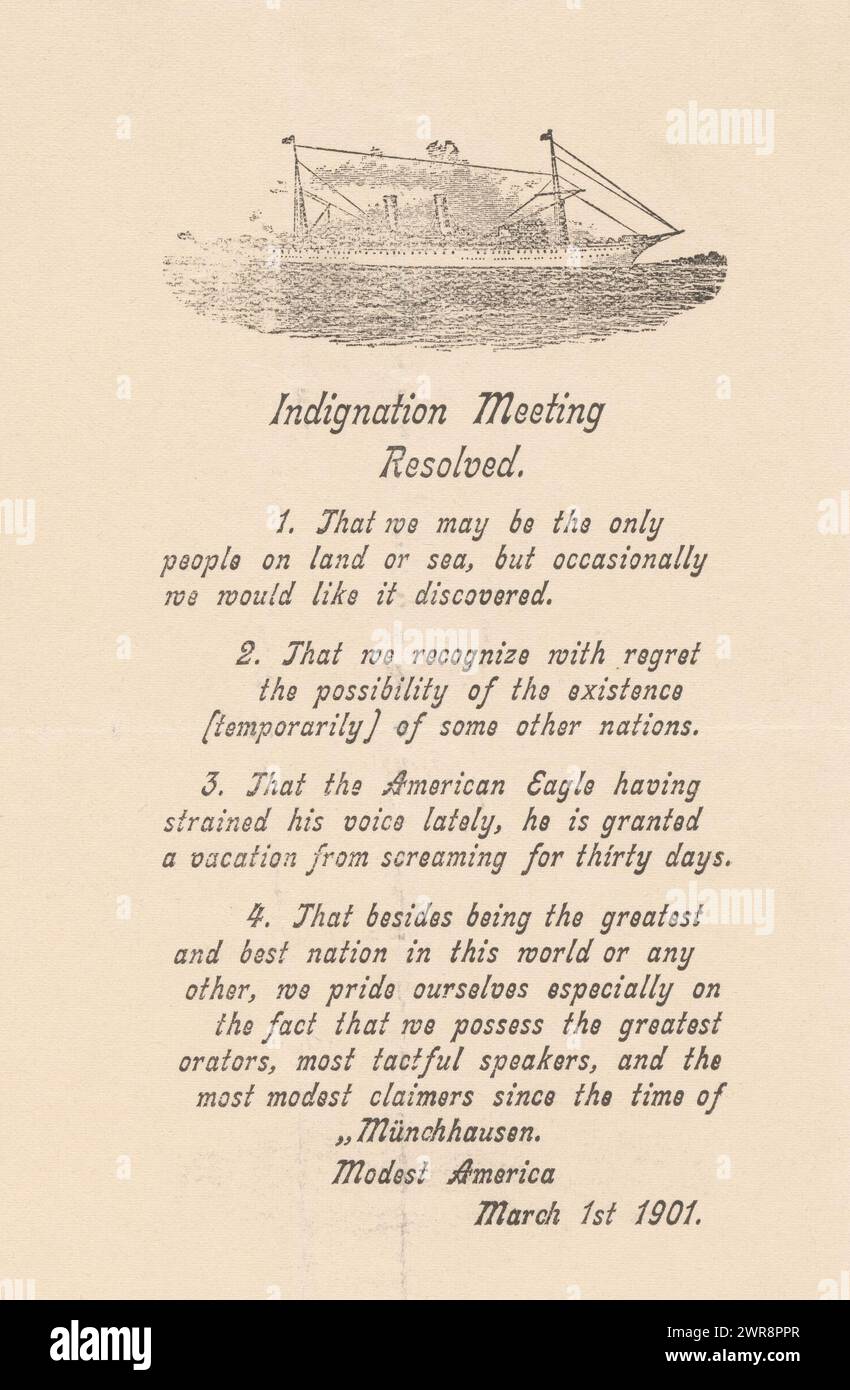 Text sheet regarding America with steamship, Indignation Meeting Resolved (title on object), print maker: anonymous, England, (possibly), Mar-1901, paper, height 259 mm × width 206 mm, print Stock Photo