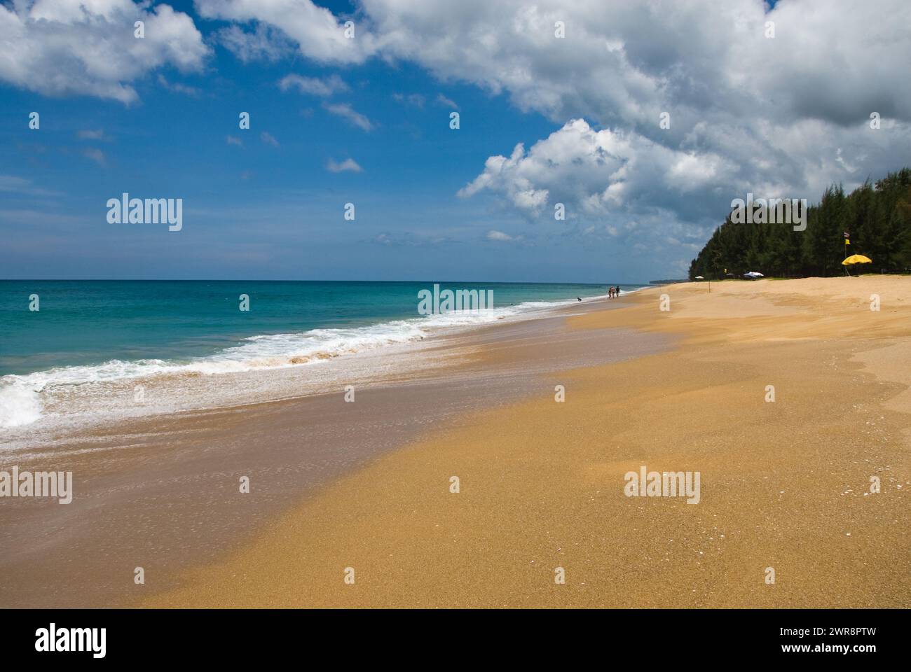 Sandy beach under clear blue sky, waves rolling in Stock Photo