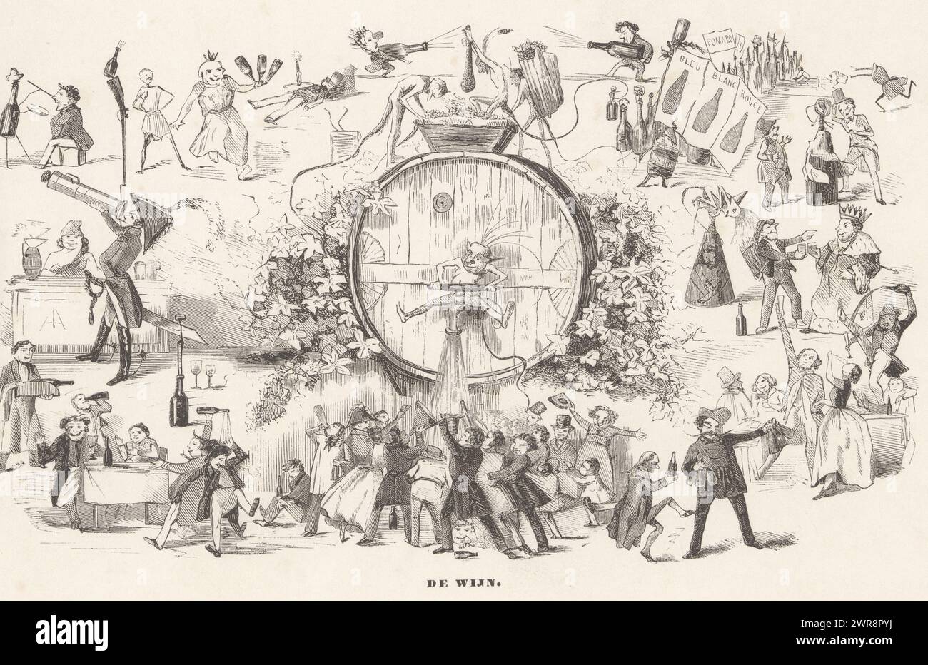 Cartoon on drinking wine, De Wijn (title on object), print maker: anonymous, Netherlands, 1820 - 1920, paper, height 177 mm × width 273 mm, print Stock Photo