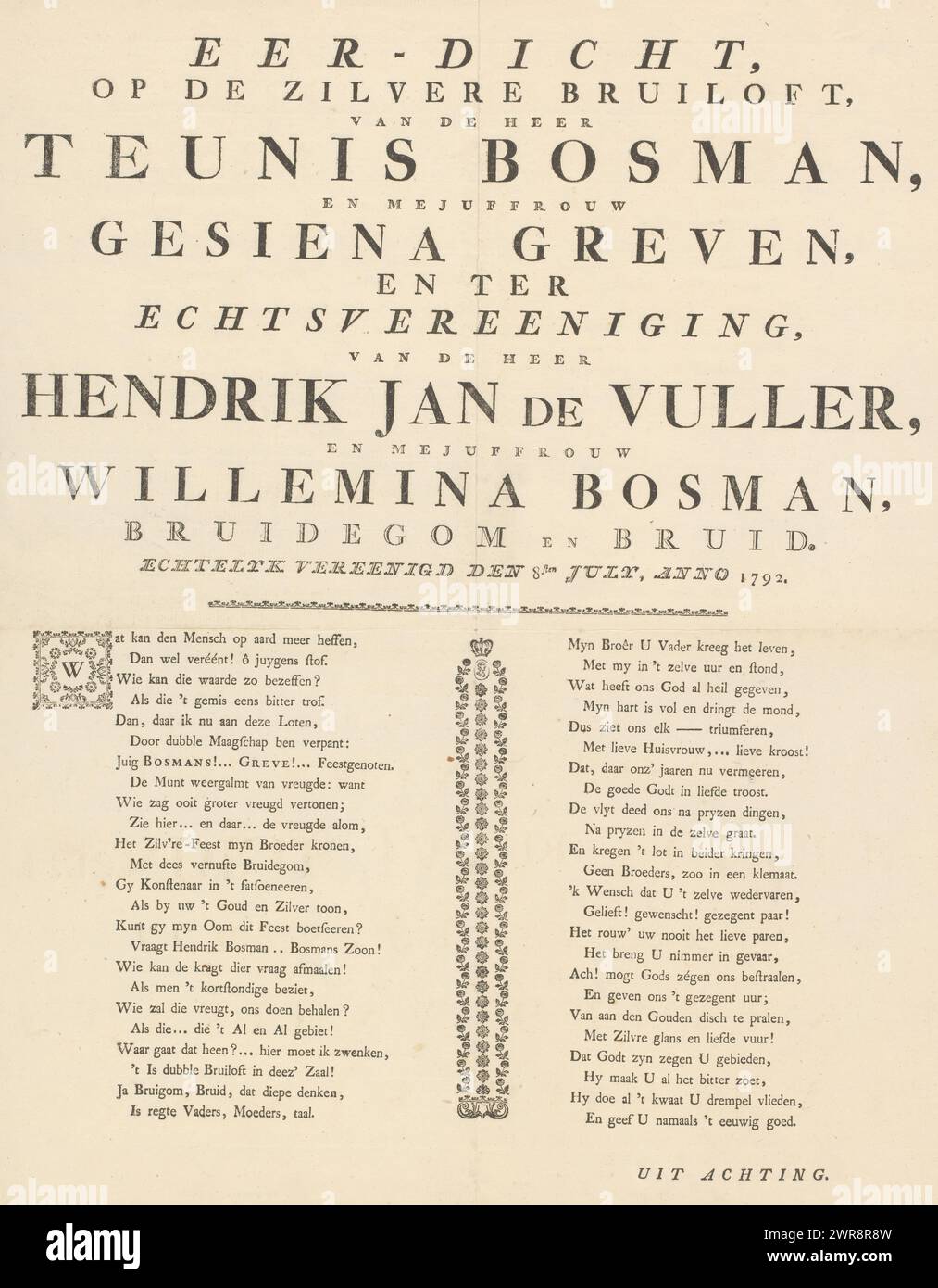 Poem in honor of a silver wedding and a wedding, Honorary Poem, on the silver wedding, by Mr. Teunis Bosman, and Miss Gesiena Greven, and in marriage, by Mr. Hendrik Jan de Vuller and Miss Willemina Bosman (... ) (title on object), anonymous, 1792, paper, letterpress printing, height 502 mm × width 402 mm, text sheet Stock Photo