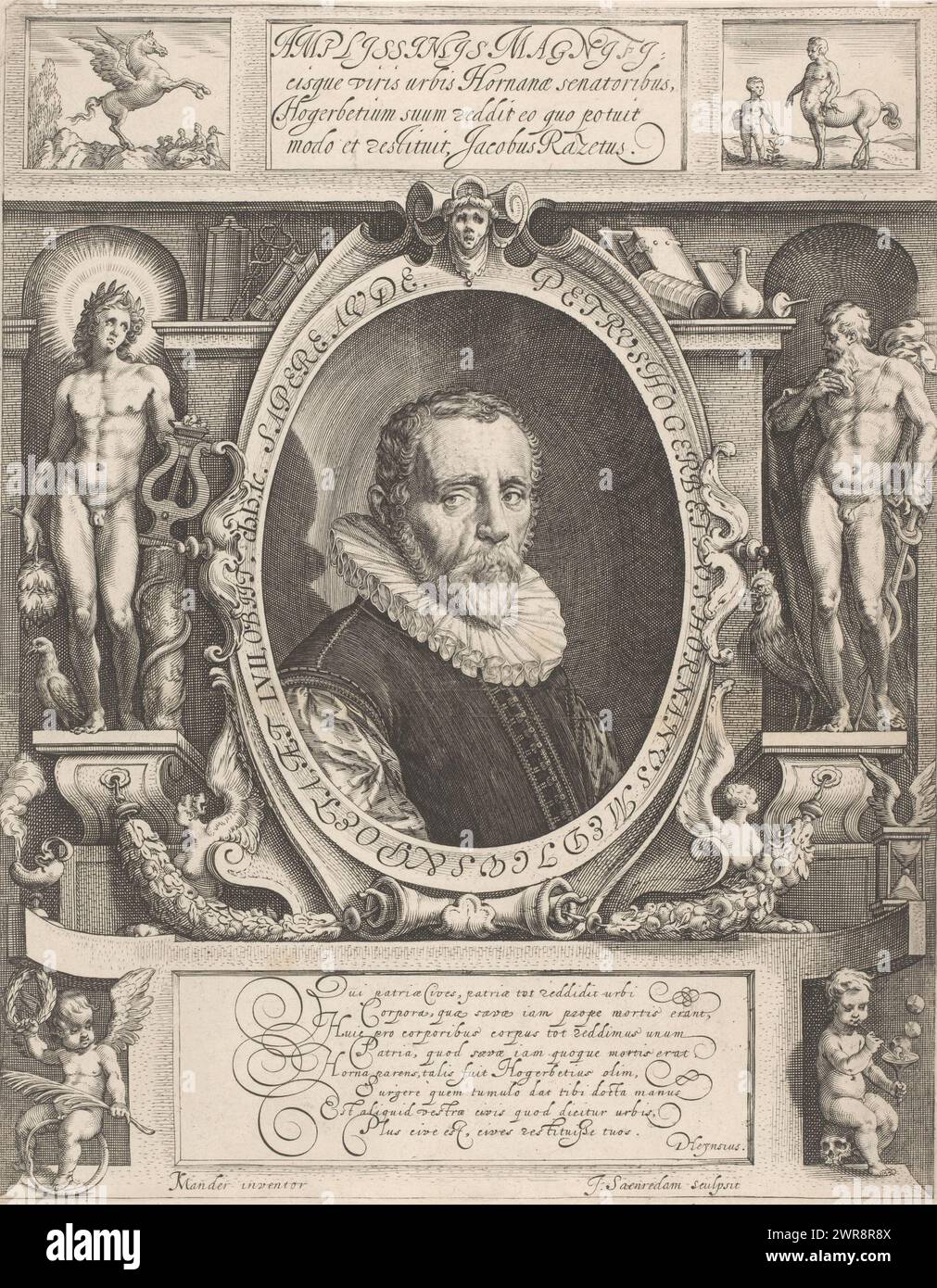 Portrait of Petrus Hogerbeets, Bust to the right of the doctor and poet Petrus Hogerbeets in an oval frame with a Latin border text, which contains information about the sitter. On the left, Apollo stands as Apollo Medicus on a console near a column with a snake. He is holding a harp. A crow near his right foot, which should have watched over Coronis. On the right, Aesculapius stands with a rooster on a console. He is holding an esculapian. Above the list of medical instruments and books. Top left Pegasus giving rise to the Hippocrene. On the right the young Aesculapius with the centaur Chiron Stock Photo