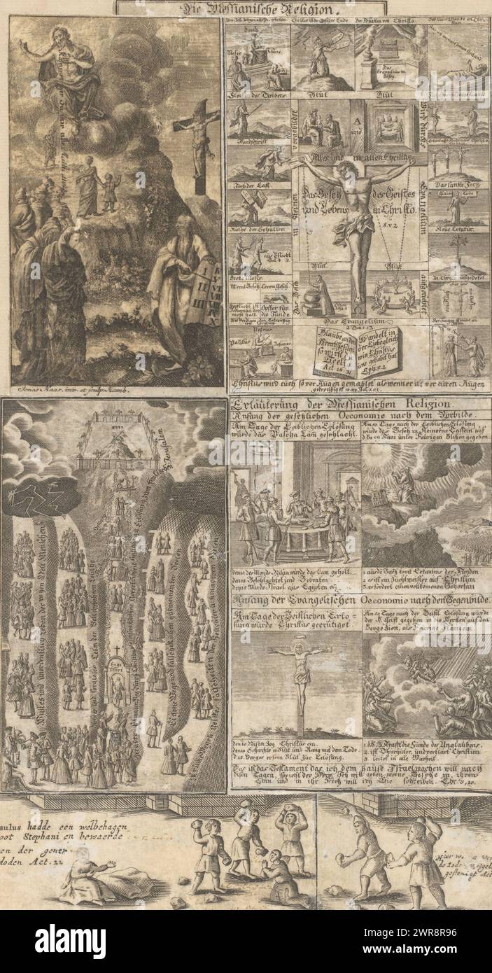 Collage of five prints with Biblical scenes, Die Messianische Religion (title on object), Top left a print by Jonas Haas (1720-1775). The other prints are anonymous German and Dutch, seventeenth or eighteenth century. Top left: scene with Moses with the Ten Commandments, Crucifixion of Christ and possibly Christ admitting figures into heaven. Top right: print with the crucifixion of Christ and various small Biblical scenes surrounding it., print maker: Jonas Haas, after own design by: Jonas Haas, print maker: anonymous, print maker: Hamburg, after own design by: Hamburg Stock Photo