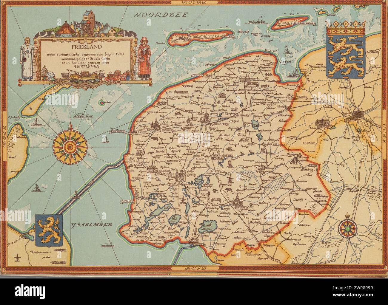 Map of Friesland, 1940, Friesland (title on object), This print is part of a book., print maker: Studio Certo, unknown: Amsterdamsche maatschappij van Levensverzekeringen, c. 1947, paper, height 206 mm × width 292 mm, print Stock Photo