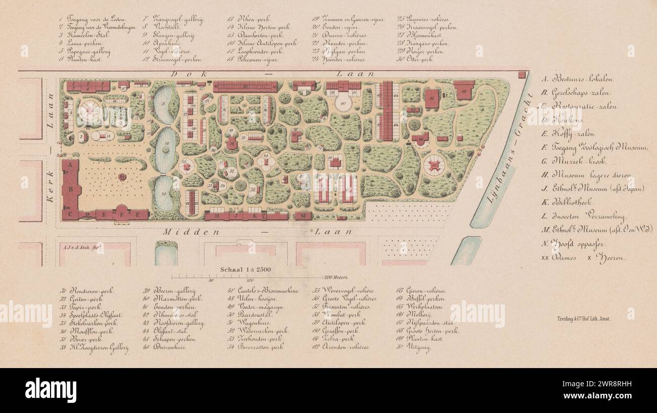 Map of Artis zoo in Amsterdam, Royal Zoological Society Natura Artis Magistra Amsterdam (title on object), print maker: anonymous, printer: Tresling & Comp., Amsterdam, 1858 - 1919, paper, height 214 mm × width 399 mm, print Stock Photo