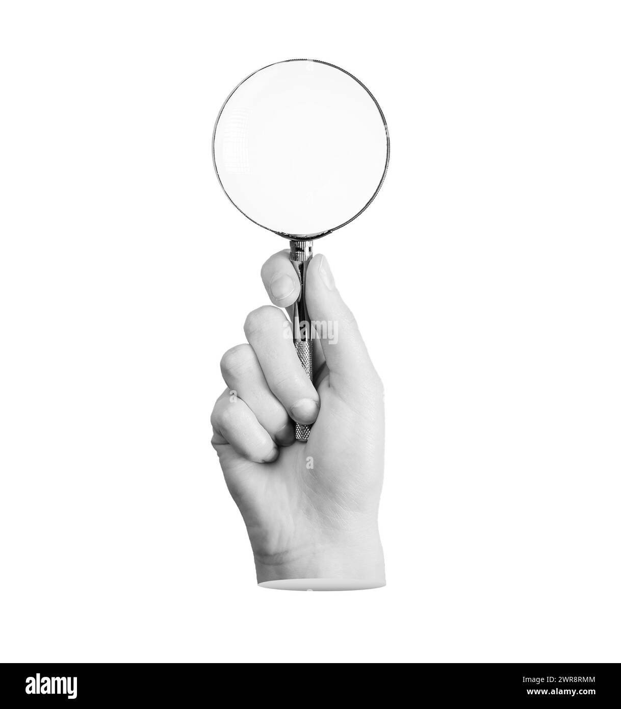 Hand holding magnifier, loupe, magnifying lens glass isolated on white