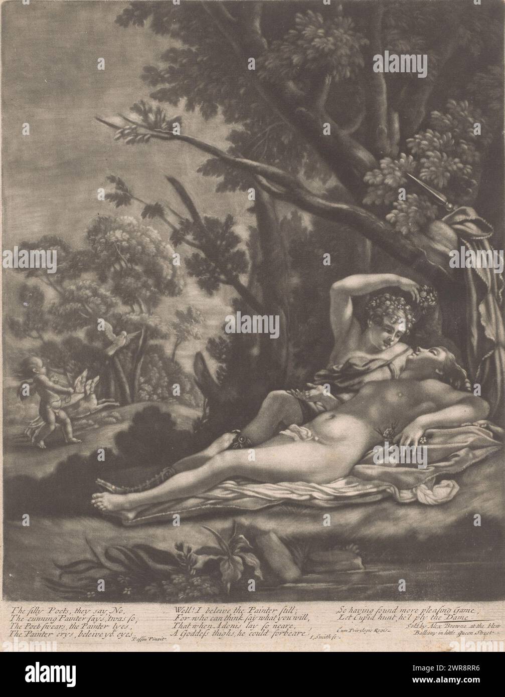 Venus and Adonis, Text in English in the bottom margin., print maker: John Smith (prentmaker/ uitgever), after painting by: Nicolas Poussin, publisher: Alexander Browne, England, 1662 - 1706, paper, height 277 mm × width 218 mm, print Stock Photo
