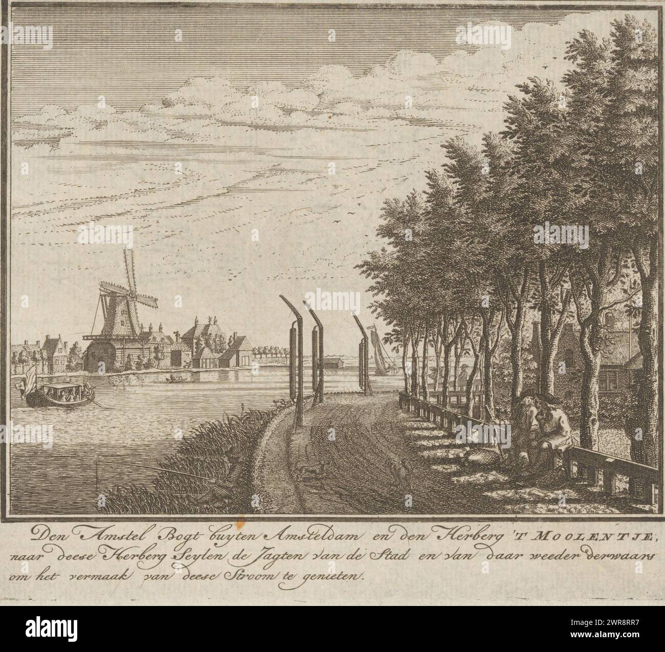 View of the Amstel at the Molentje inn, Den Amstel Bogt buyten Amsteldam and the Herberg 'T Moolentje. to this Herberg Seyten de Jagten van de Stad and from there back again to enjoy the entertainment of this Stroom (title on object), print maker: Jan Caspar Philips, after own design by: Jan Caspar Philips, publisher: Arend van Huyssteen, (possibly), Amsterdam, 1736 - 1773, paper, etching, engraving, height 137 mm × width 159 mm, print Stock Photo