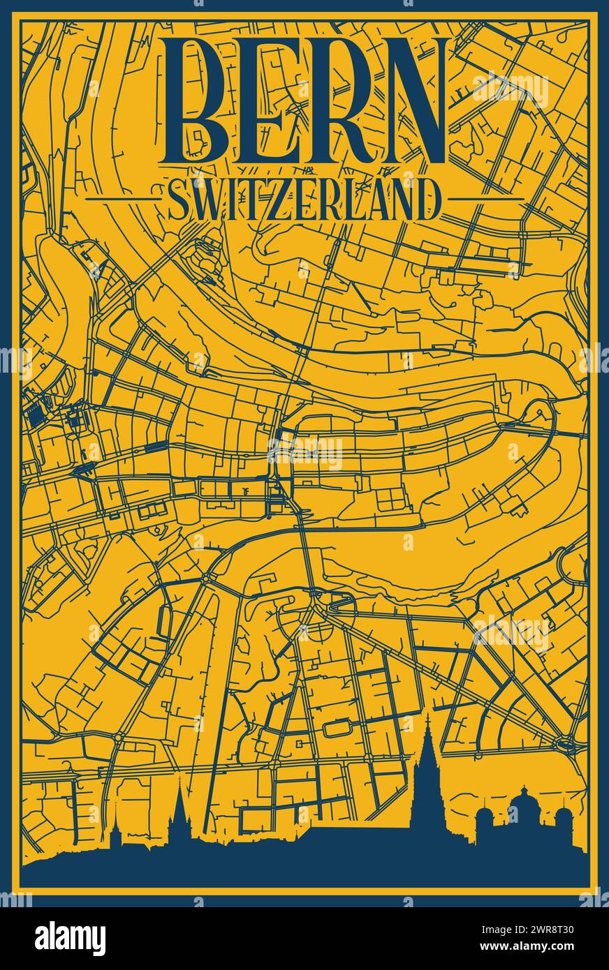 Hand-drawn city road network and skyline poster of the downtown BERN, SWITZERLAND Stock Vector
