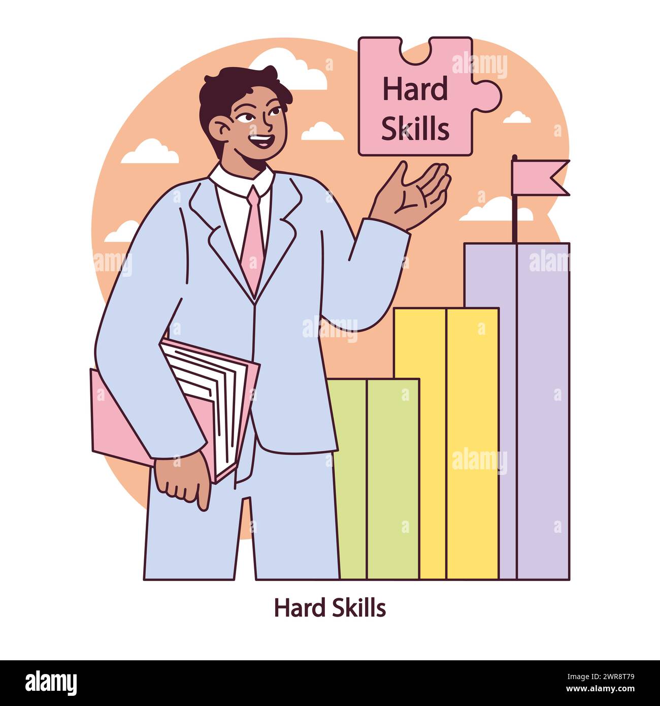 Hard Skills showcase. Confident professional presents technical abilities as key career assets. Skill proficiency charted for success. Vector illustration. Stock Vector