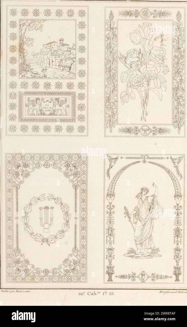 Ceiling decorations or wall hangings, Four figurative ceiling or wall decorations or wall hangings. Part (22e. Cah.er f.le 55) of the print album with two series of a total of 138 ornamental prints by Beauvallet and Normand, 'Fragmens d'Ornemens dans le Style Antique'., print maker: August Ricard de Montferrand, after own design by: August Ricard de Montferrand, publisher: Jacques-Louis Bance, Paris, 1820, paper, etching Stock Photo