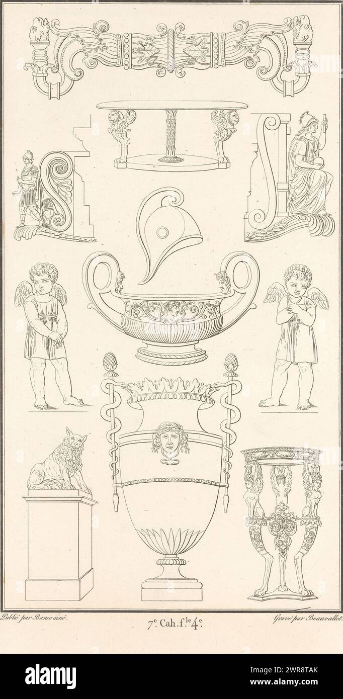 Various ornaments, ornament print with various objects, vases, bowls and figures. Part (7e. Cah. f.le 41) of the print album with two series of a total of 138 ornamental prints by Beauvallet and Normand, 'Fragmens d'Ornemens dans le Style Antique'., print maker: Pierre-Nicolas Beauvallet, publisher: Jacques-Louis Bance, Paris, 1820, paper, etching Stock Photo