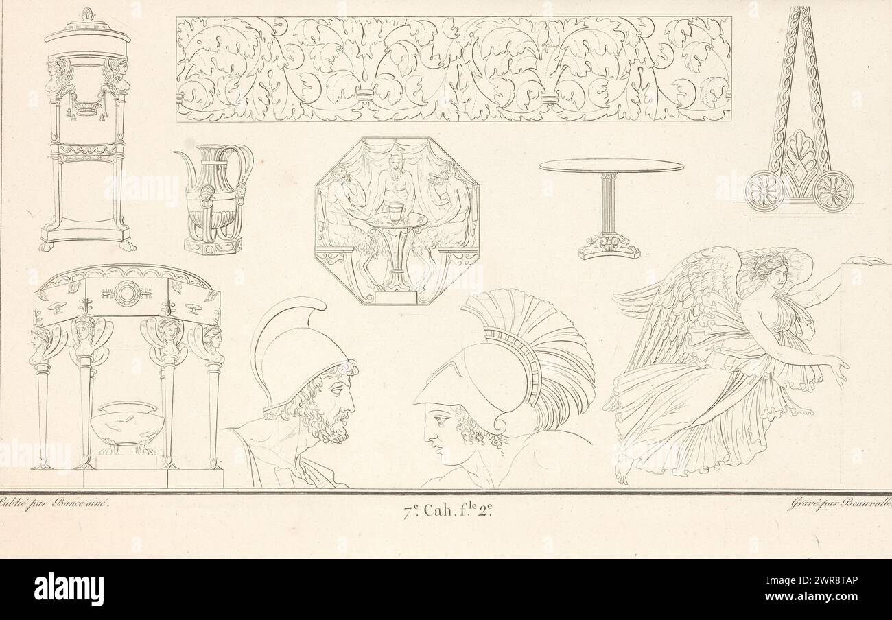 Different ornaments, Ornament print with different ornaments, at the bottom two heads with helmets. Part (7e. Cah. f.le 21) of the print album with two series of a total of 138 ornamental prints by Beauvallet and Normand, 'Fragmens d'Ornemens dans le Style Antique'., print maker: Pierre-Nicolas Beauvallet, publisher: Jacques-Louis Bance, Paris, 1820, paper, etching Stock Photo