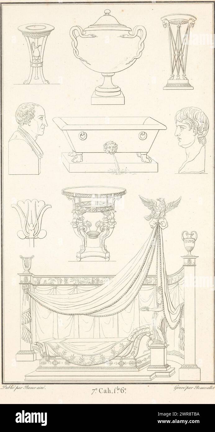 Various ornaments, ornament print with various objects, at the bottom a lounger with curtains. Part (7e. Cah. f.le 6) of the print album with two series of a total of 138 ornamental prints by Beauvallet and Normand, 'Fragmens d'Ornemens dans le Style Antique'., print maker: Pierre-Nicolas Beauvallet, publisher: Jacques-Louis Bance, Paris, 1820, paper, etching Stock Photo