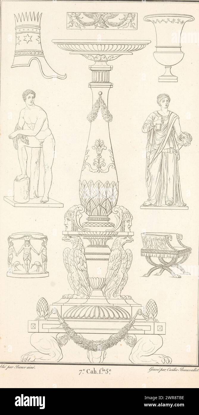 Various ornaments, ornamental print with a central bowl on an ornamented base. Part (7e. Cah. f.le 5) of the print album with two series of a total of 138 ornamental prints by Beauvallet and Normand, 'Fragmens d'Ornemens dans le Style Antique'., print maker: Cécile Beauvallet, publisher: Jacques-Louis Bance, Paris, 1820, paper, etching Stock Photo