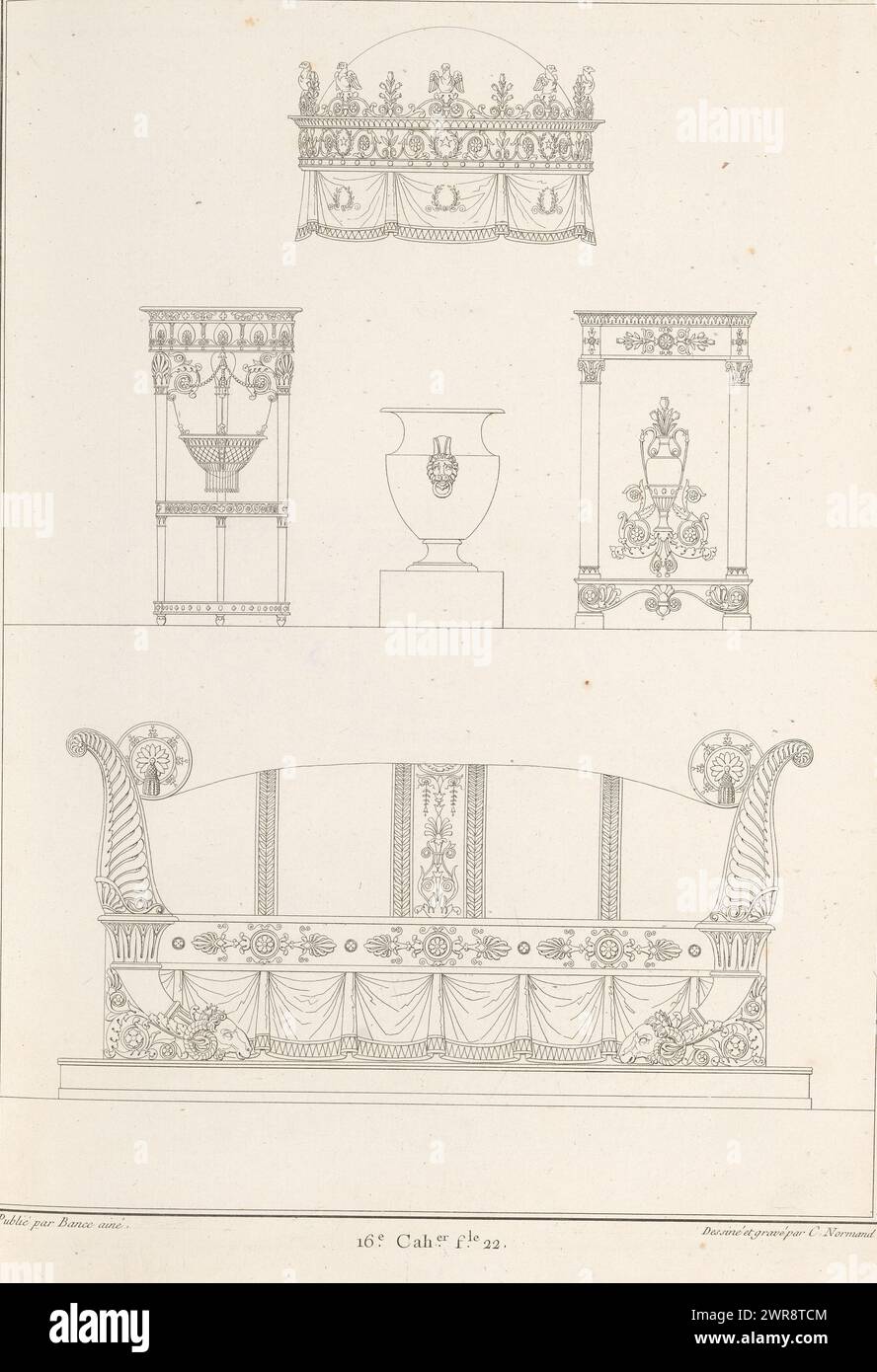 Decorative furniture, Ornament print with various decorative furniture. Part (16e. Cah. f.le 22) of the print album with two series of a total of 138 ornamental prints by Beauvallet and Normand, 'Fragmens d'Ornemens dans le Style Antique'., print maker: Charles Pierre Joseph Normand, after own design by: Charles Pierre Joseph Normand, publisher: Jacques-Louis Bance, Paris, 1820, paper, etching Stock Photo