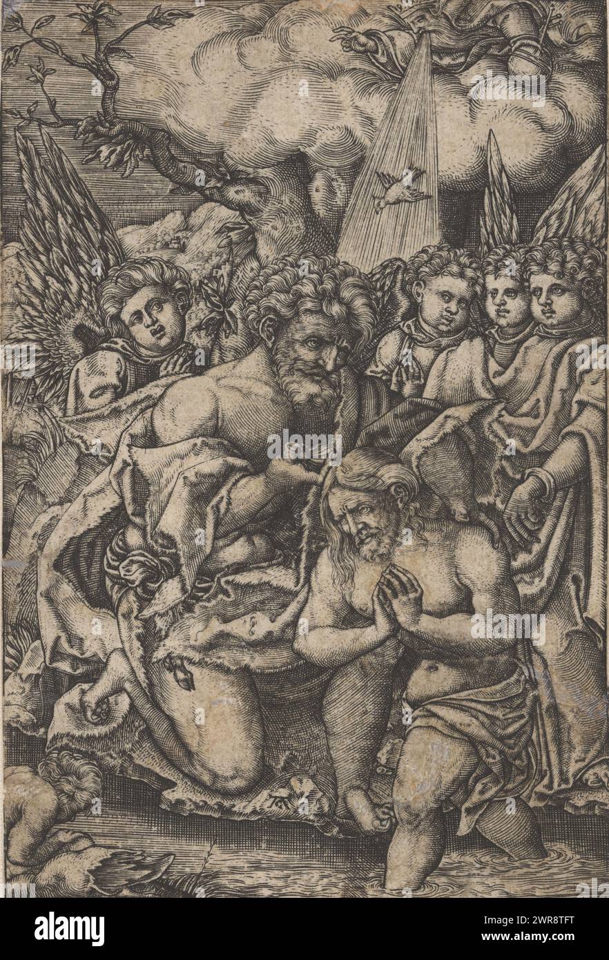 Baptism of Christ, Christ, standing in the Jordan River, is baptized by John the Baptist and watched by Angels. God the Father, with an orb in his hand, lets the Holy Spirit descend on Christ in the form of a dove., print maker: Monogrammist AC (16e eeuw), print maker: Allaert Claesz., c. 1520 - c. 1555, paper, engraving, height 100 mm × width 67 mm, print Stock Photo