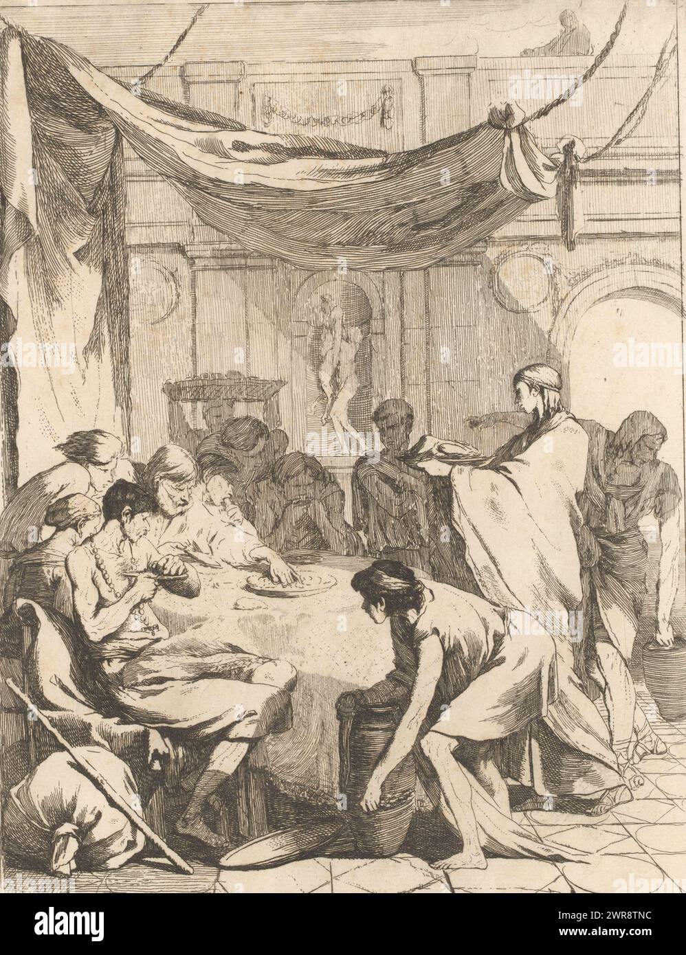 Feeding the Hungry, The Seven Works of Mercy (series title), Part of a series of seven works of mercy with scenes in an ancient setting., print maker: François Hutin, after own design by: François Hutin, Dresden, c. 1730 - c. 1750, paper, etching, height 233 mm × width 164 mm, print Stock Photo