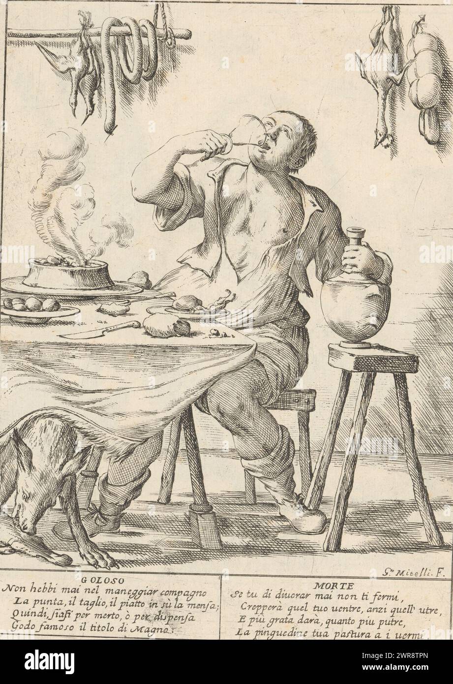 The glutton, Le Ventiquattr'Hore dell'humana felicità (series title on object), The twenty-four hours of human happiness (series title), A greedy man or glutton (Goloso) sitting at a table overloaded with food drinks from a glass. Sausages and poultry hang on the wall. A pig is gnawing on a piece of meat under the table. With two four-line verses in Italian. Numbered top right: 5. Title print for the series 'The twenty-four hours of human happiness'., print maker: Giuseppe Maria Mitelli, after own design by: Giuseppe Maria Mitelli, 1675, paper, etching, engraving Stock Photo