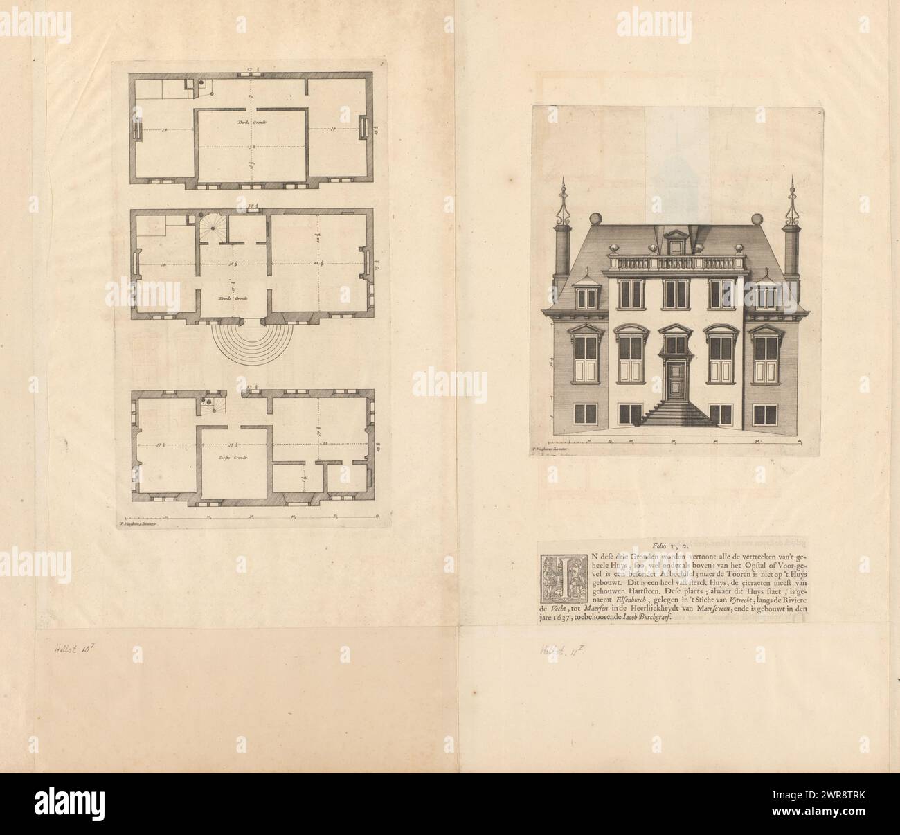 Floor plan and facade of the Elsenburg country house in Maarsseveen, Main designs by Philips Vinckboons (series title), Images of the main buildings from all that Philips Vingboons has organized (series title), Floor plan of three floors and facade of the Elsenburg country estate in Maarsseveen, built in 1637. Numbered 1 and 2 at the top right. A caption for the images is pasted under the print with the facade., print maker: Johannes Vinckboons, after design by: Philips Vinckboons (II), Amsterdam, 1648, paper, etching, letterpress printing, snipping Stock Photo