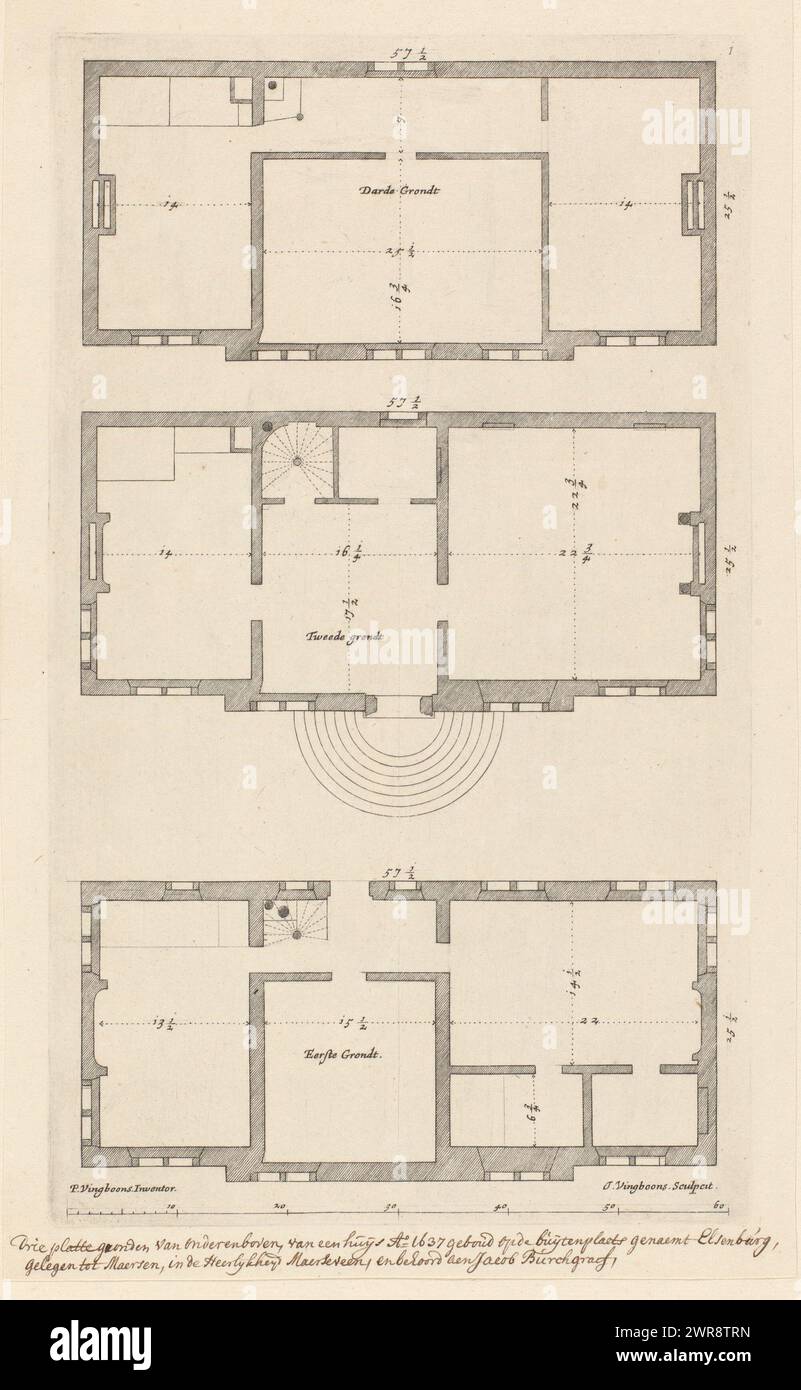 Floor plan of the country house Elsenburg in Maarsseveen, Main designs by Philips Vinckboons (series title), Images of the main buildings from all that Philips Vingboons has ordained (series title), Floor plan of three floors of the Elsenburg country estate in Maarsseveen, built in 1637. Top right numbered: 1., print maker: Johannes Vinckboons, after design by: Philips Vinckboons (II), Amsterdam, 1648, paper, etching, height 316 mm × width 185 mm, print Stock Photo