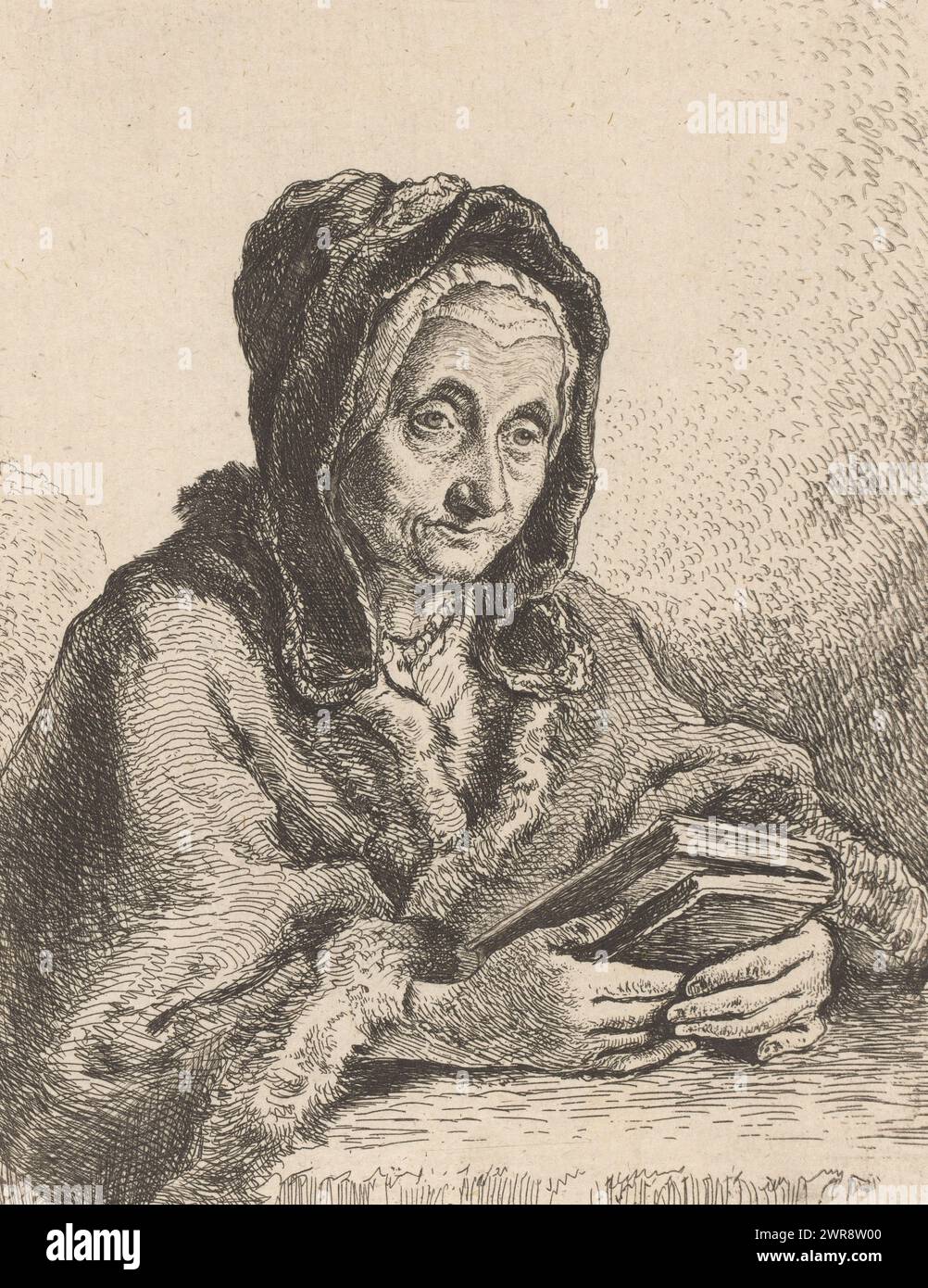 Old woman with book, Portrait of Anna Ludwig, born Wannemacher., print maker: Joachim Martin Falbe, after own design by: Joachim Martin Falbe, print maker: Berlin, after own design by: Europe, c. 1750 - c. 1752, paper, etching, height 180 mm × width 137 mm, print Stock Photo