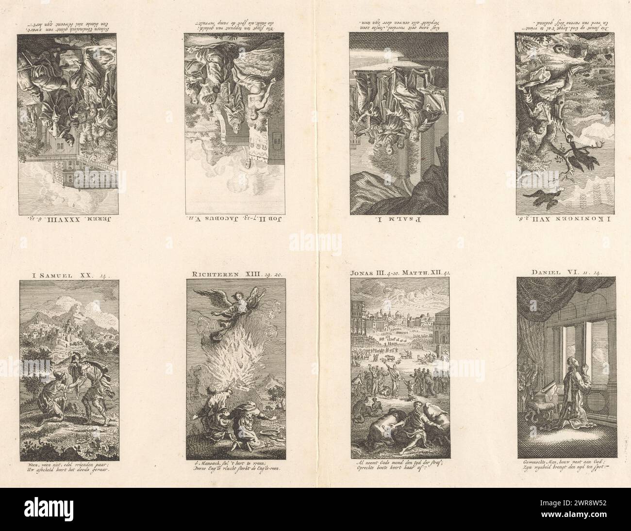 Eight Bible performances. The performances have a two-line Dutch caption. The following Bible stories are depicted: ravens bring Elias food; David sings his psalms; Job with Eliphaz, Bildad and Zophar; Jeremiah is pulled out of the pit; Jonathan and David; an angel ascends from the sacrifice of Manoah and his wife; the people of Nineveh call upon God and do penance; Daniel prays in his home in Jerusalem., print maker: anonymous, Amsterdam, c. 1720 - c. 1790, paper, etching, height 325 mm × width 413 mm, print Stock Photo