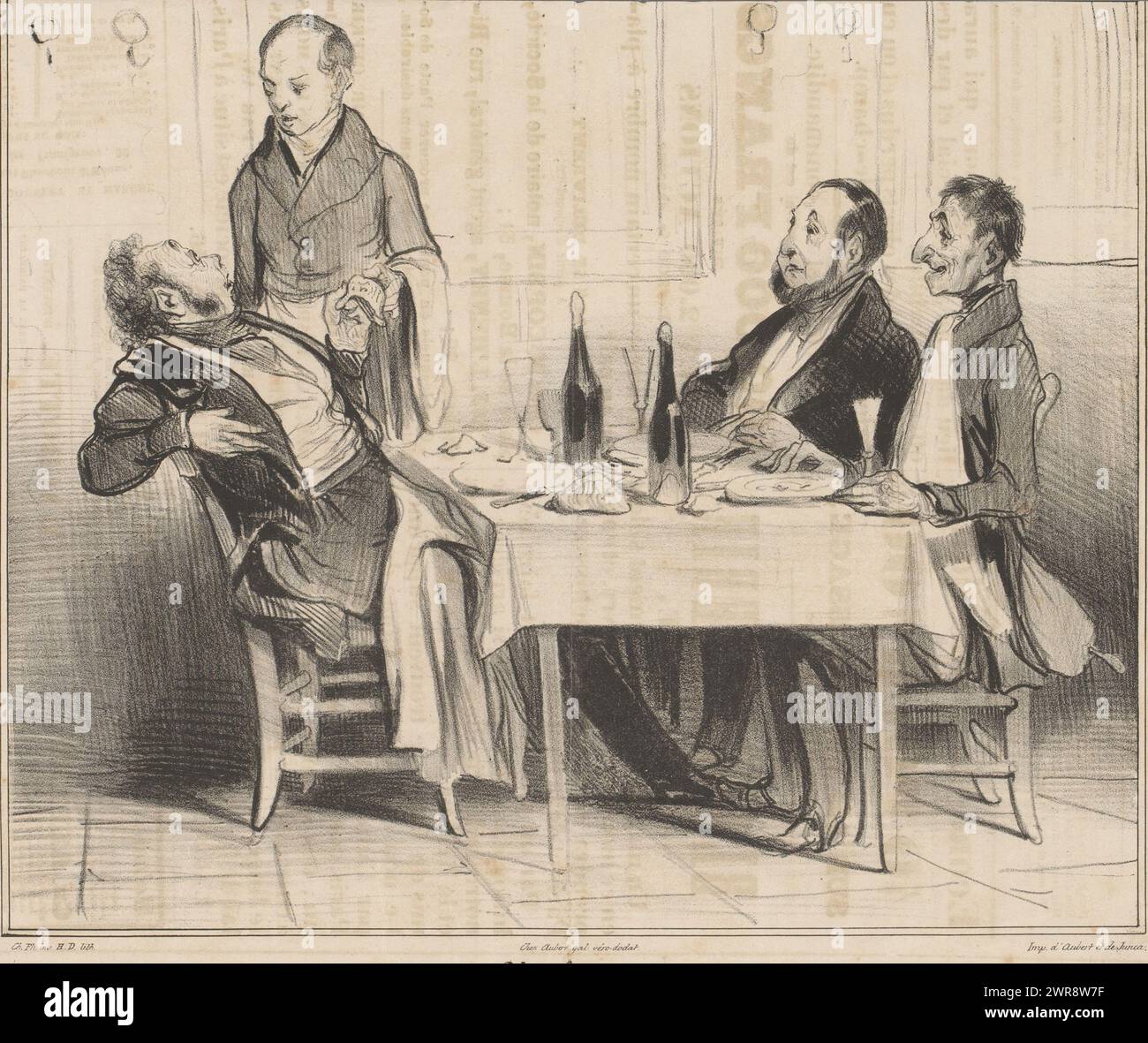 Robert Macaire exchanges words with the waiter in a restaurant, Un bon mari (title on object), Caricatures (series title), Caricaturana (series title), print maker: Honoré Daumier, after design by: Charles Philipon, printer: Aubert & Junca, Paris, 29-Oct-1837, paper, letterpress printing, height 237 mm × width 286 mm, print Stock Photo