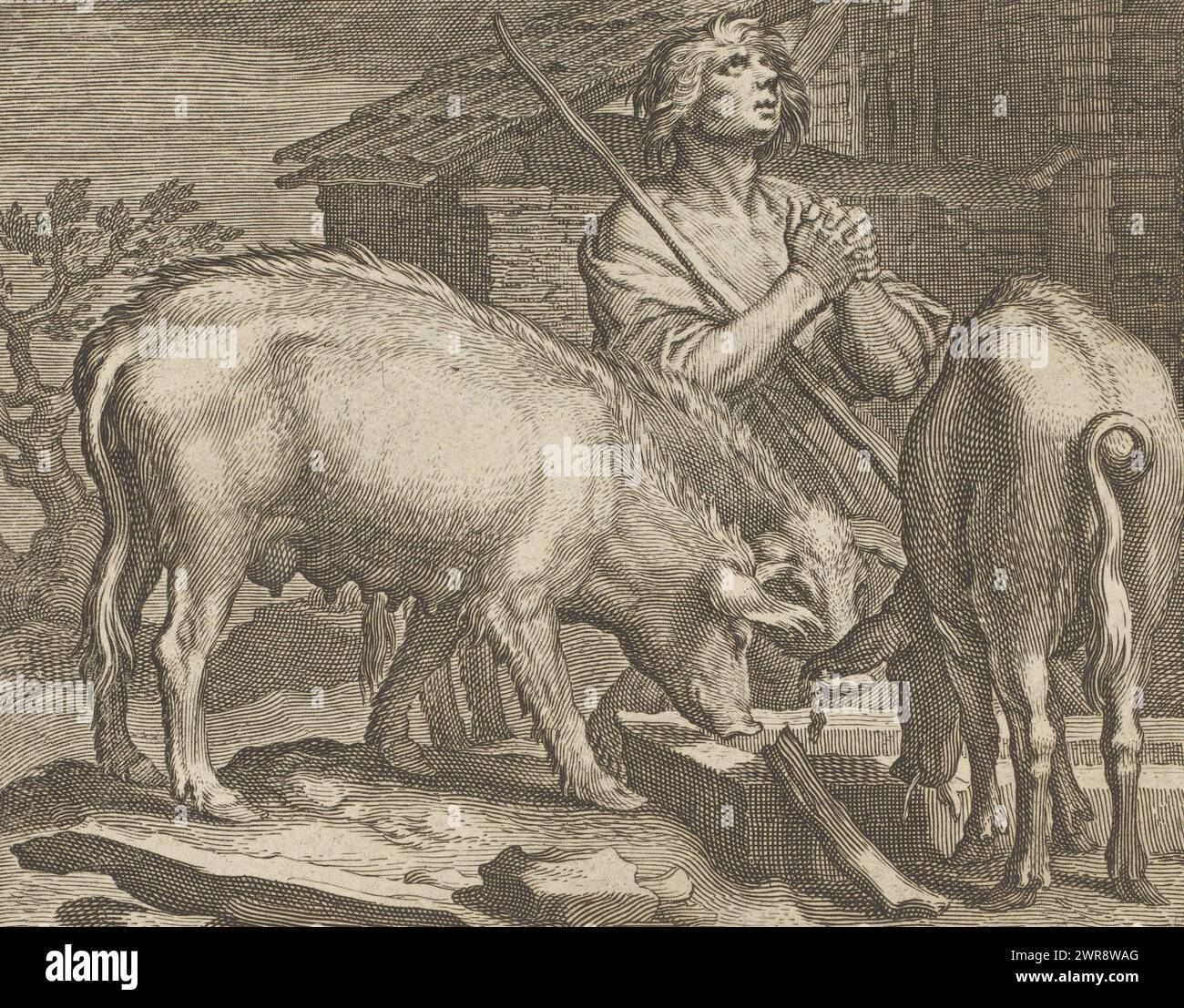Prodigal son as swineherd with pigs at a trough, Pastorals (series title), numbered bottom right: 6., print maker: Boëtius Adamsz. Bolswert, after design by: Abraham Bloemaert, publisher: Wilhelmus Koning, (possibly), Amsterdam, 1611 - 1632 and/or c. 1717 - 1732, paper, engraving, height 114 mm × width 142 mm, print Stock Photo