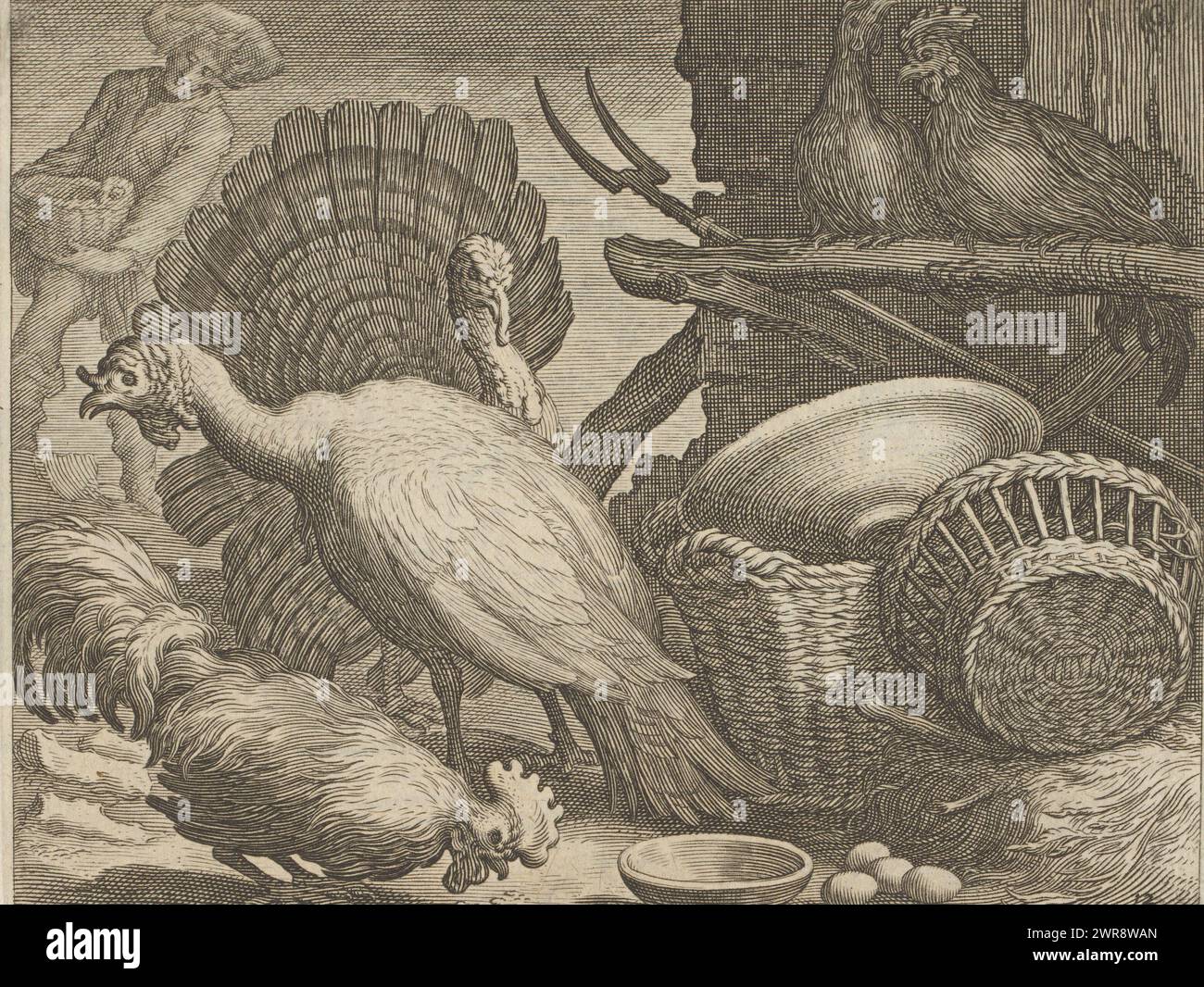 Chickens and turkeys, Pastorals (series title), numbered bottom right: 12., print maker: Boëtius Adamsz. Bolswert, after design by: Abraham Bloemaert, publisher: Wilhelmus Koning, (possibly), Amsterdam, 1611 - 1632 and/or c. 1717 - 1732, paper, engraving, height 112 mm × width 143 mm, print Stock Photo