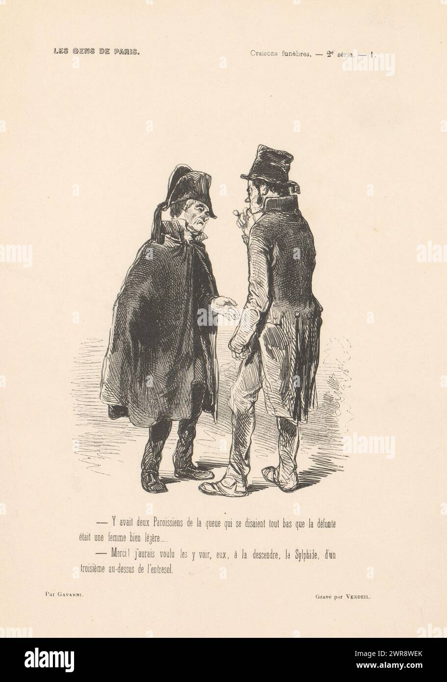 Two men in conversation, People from Paris (series title), Les gens de Paris (series title on object), Top right: Oraisons funébres. - 2nd series. - 1. With four-line caption in French., print maker: Pierre Verdeil, after design by: Paul Gavarni, France, 1846, paper, wood engraving, letterpress printing, height 277 mm × width 199 mm, print Stock Photo