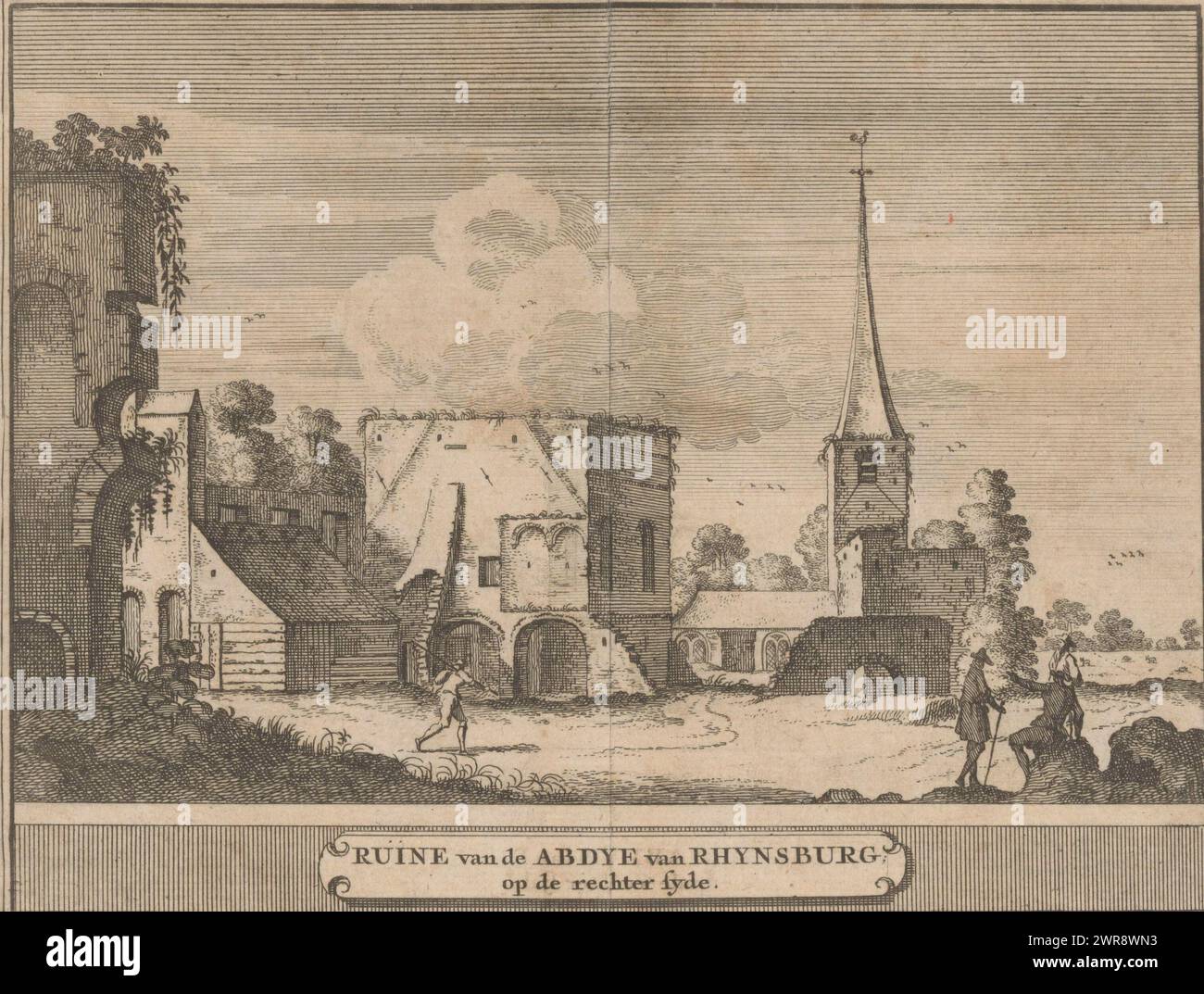 View of the ruins of the abbey at Rijnsburg, Ruin of the abbey of Rhynsburg; on the right side (title on object), View of the right side of the ruins of the Rijnsburg Abbey, destroyed in 1574., print maker: Jacobus Schijnvoet, after drawing by: Roelant Roghman, (possibly), Amsterdam, 1711 - 1774, paper, etching, height 141 mm × width 179 mm, print Stock Photo