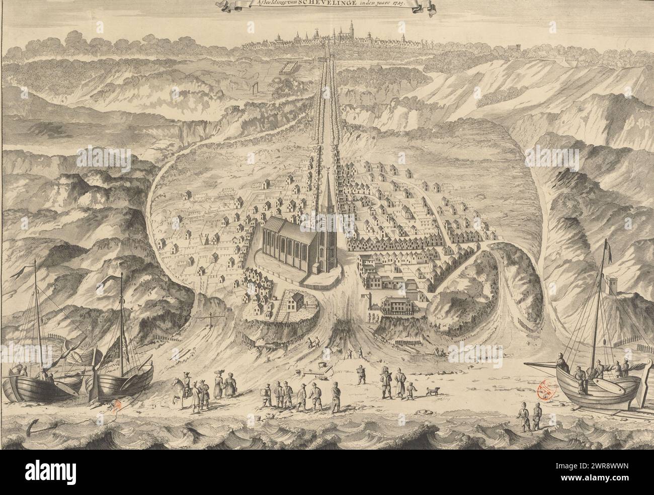 View of Scheveningen, 1729, Image of Schevelinge in the year 1729 (title on object), View of the village of Scheveningen in the year 1729. In the foreground the sea and the beach with a number of figures and ships. Behind it the village with the church in the middle. In the background The Hague. Above a banderole with the title., print maker: anonymous, after drawing by: Gerrit van Giessen, publisher: Reinier Boitet, after drawing by: The Hague, publisher: Delft, publisher: Amsterdam, 1729 - 1736, paper, engraving, etching, height 354 mm × width 510 mm Stock Photo