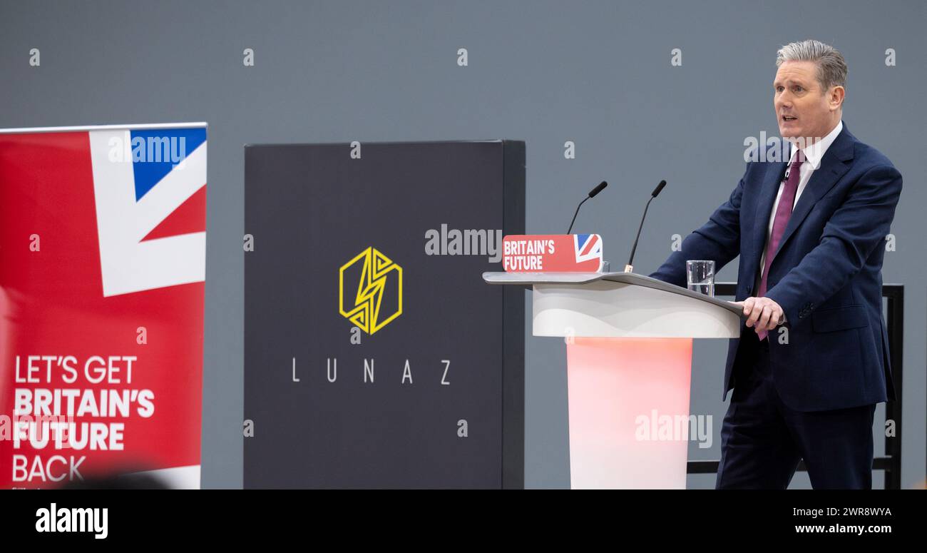 03/12/2023   Labour Party leader Sir Keir Starmer talks to media at the Lunaz facility at Silverstone, Northamptonshire on the day the electric vehicl Stock Photo