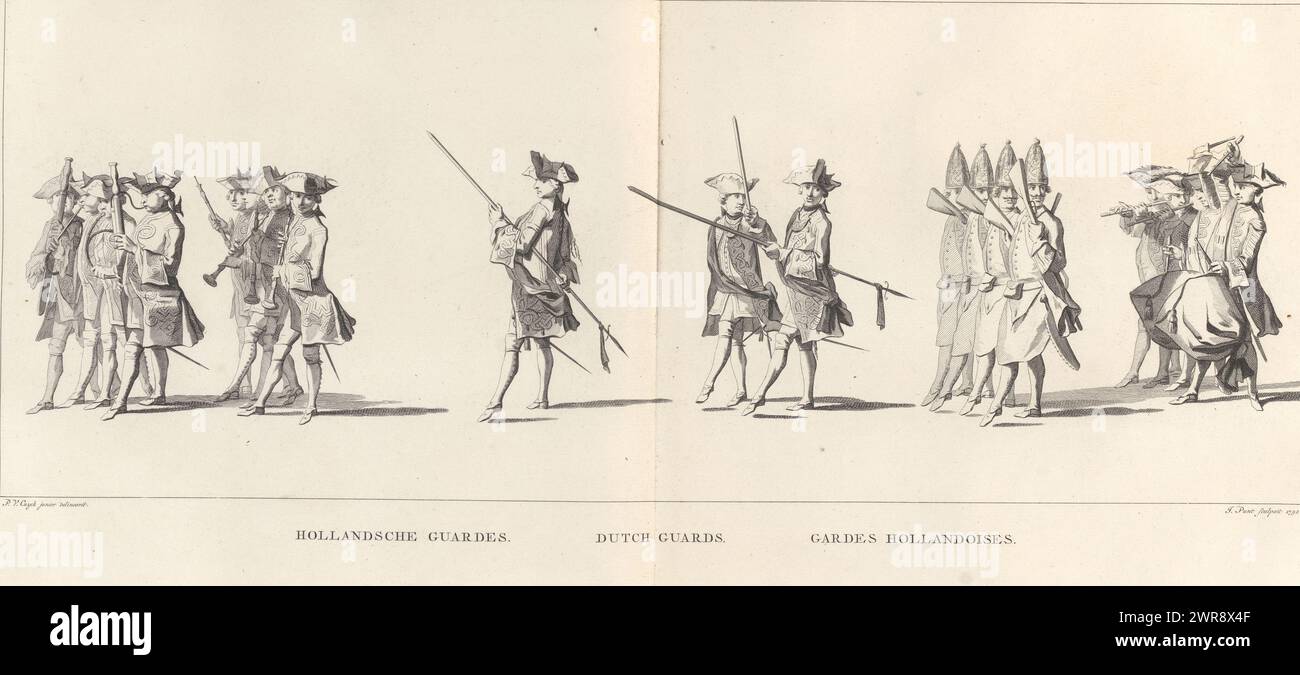 Funeral station of Willem IV, 1752, plate 8, Hollandsche Guardes (title on object), Lyk-statue of His Most Serene Highness the Lord Willem Carel Hendrik Friso, Prince of Orange and Nassau (...) held on the IV of February 1752 (series title ), The Dutch Guard, preceded by musicians. In the margin a caption in Dutch, French and English. The print is part of an album., print maker: Jan Punt, after drawing by: Pieter Jan van Cuyck, publisher: Pierre Gosse jr., The Hague, 1752 and/or 1755, paper, etching, engraving, height 270 mm × width 560 mm Stock Photo