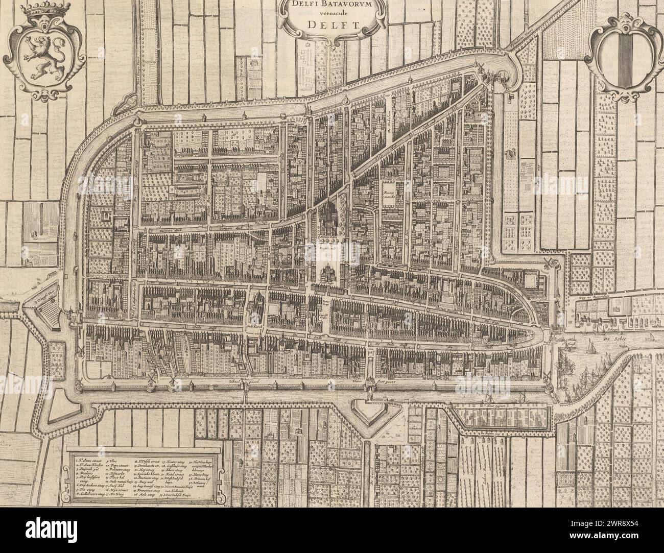 Map of Delft, Delfi Batavorum vernacule Delft (title on object), Map from a bird's eye view. Top left the coat of arms of Holland, bottom left a legend 1-37. Top right the coat of arms of Delft. Latin text on the reverse., print maker: anonymous, publisher: Johannes Willemszoon Blaeu, Amsterdam, 1652, paper, engraving, etching, letterpress printing, height 383 mm × width 496 mm, print Stock Photo