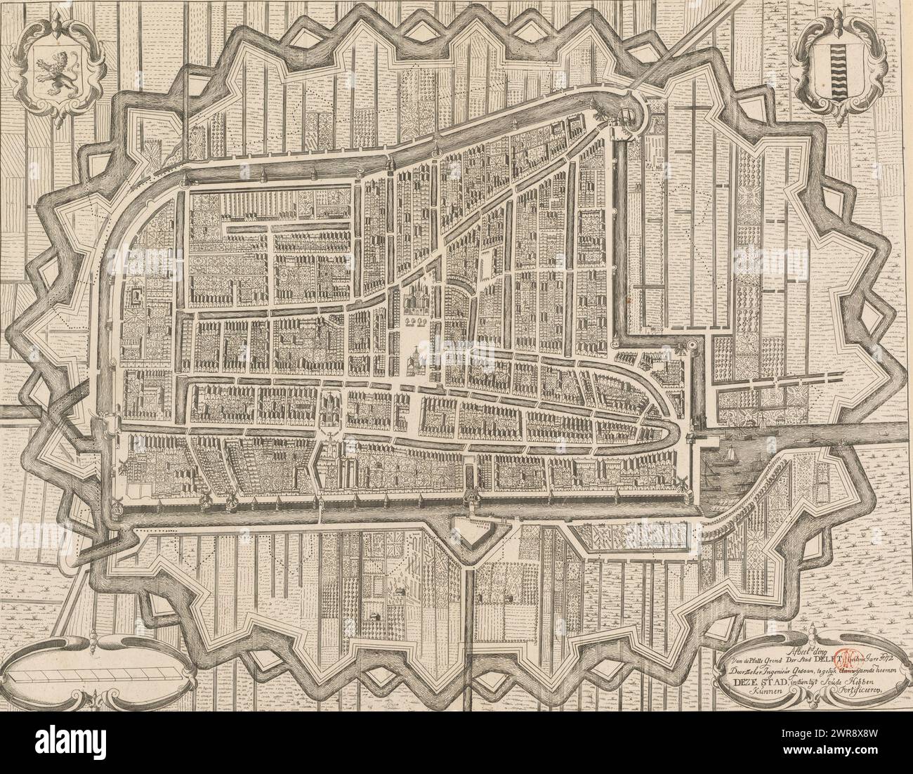 Map of Delft, 1672, Image of the plan of the city of Delft, made in the year 1672 by a certain engineer, at the same time showing how this city could have been fortified if the time had passed (title on object), Map of Delft in 1672, in a bird's-eye view . Top left the coat of arms of Holland, top right that of Delft. Bottom left a cartouche with an empty scale stick, bottom right the title cartouche. A design for a new defense structure around the city is indicated with a dotted line. This design was made during the Disaster Year 1672, but never implemented., print maker: anonymous Stock Photo