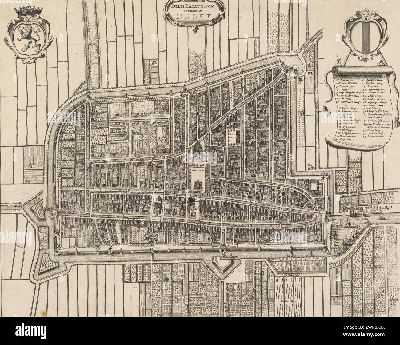 Map of Delft, Delfi Batavorum vernacule Delft (title on object), Map from a bird's eye view. Top left the coat of arms of Holland. Top right the coat of arms of Delft with a legend 1-37 underneath., print maker: anonymous, publisher: Johannes Janssonius van Waesberge (I), (possibly), publisher: Johannes Janssonius van Waesberge (II), (possibly), Amsterdam, 1657 - 1690, paper, etching, engraving, height 405 mm × width 502 mm, print Stock Photo