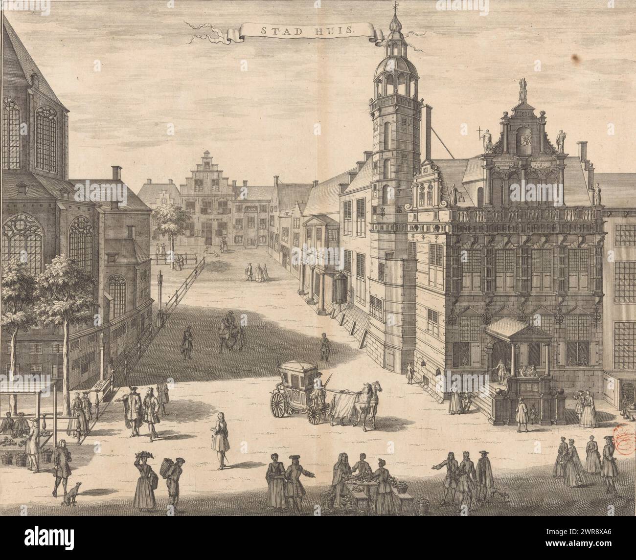 View of the Old Town Hall in The Hague, Town Hall (title on object), View of the Old Town Hall in The Hague (right). On the left part of the Grote Kerk. It shows various figures and a carriage., print maker: anonymous, after drawing by: Gerrit van Giessen, publisher: Reinier Boitet, after drawing by: The Hague, publisher: Delft, publisher: Amsterdam, 1730 - 1736, paper, etching, engraving, height 283 mm × width 346 mm, print Stock Photo