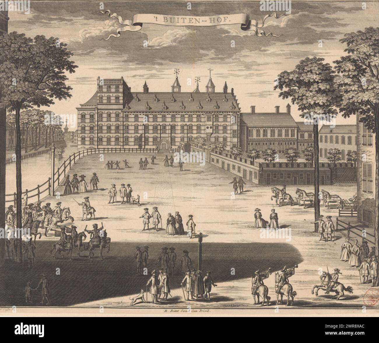 View of the Buitenhof in The Hague, 't Buiten-hof (title on object), View of the Buitenhof in The Hague, with the Binnenhof in the background. Various figures and riders in the Buitenhof., print maker: anonymous, after drawing by: Gerrit van Giessen, publisher: Reinier Boitet, after drawing by: The Hague, publisher: Delft, publisher: Amsterdam, 1730 - 1736, paper, etching, engraving, height 281 mm × width 348 mm, print Stock Photo