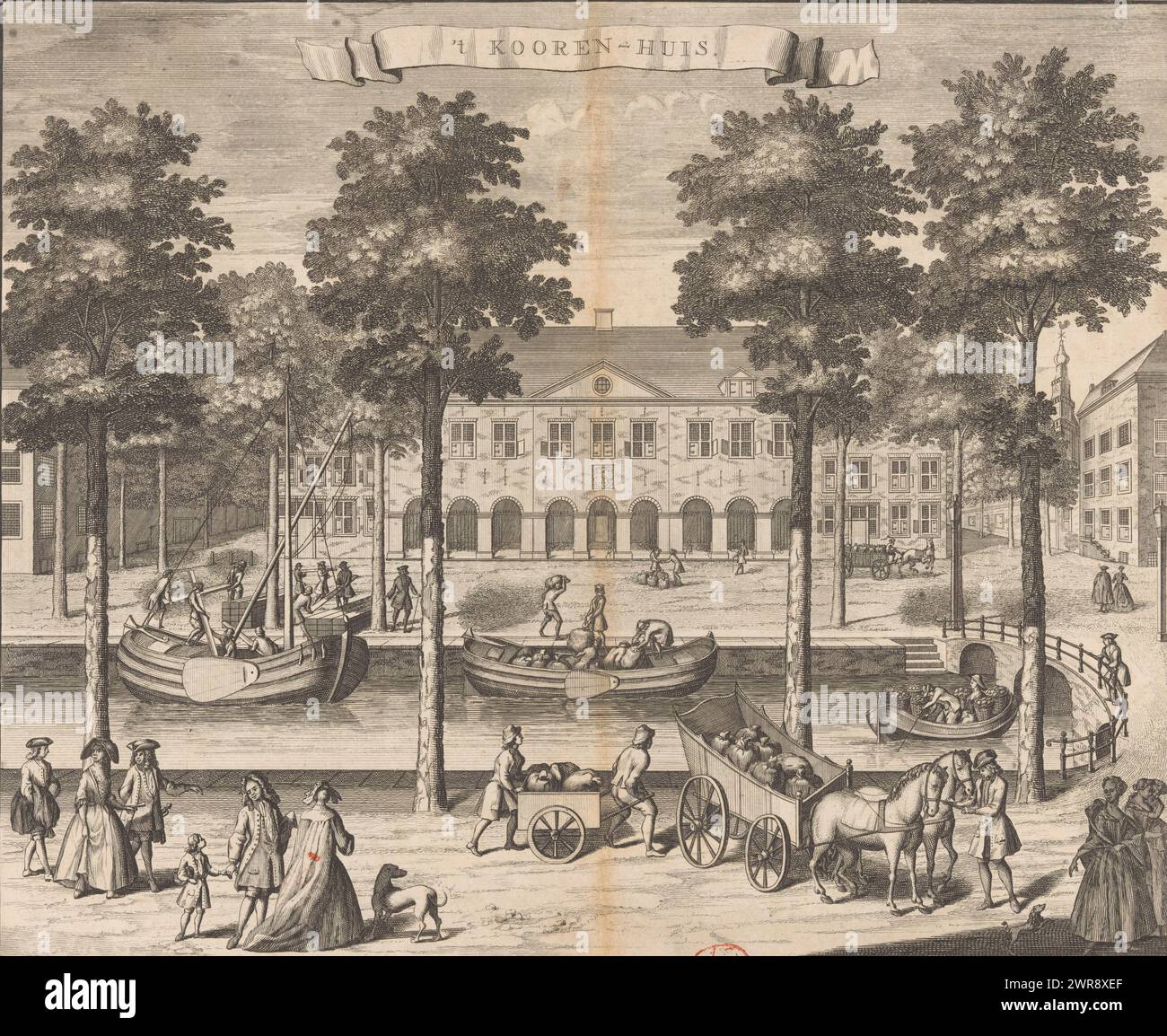 View of the Koorenhuis in The Hague, 't Kooren-Huis (title on object), View of the Koorenhuis on the Prinsegracht in The Hague. Two boats in the canal, different figures on the street., print maker: anonymous, after drawing by: Gerrit van Giessen, publisher: Reinier Boitet, after drawing by: The Hague, publisher: Delft, publisher: Amsterdam, 1730 - 1736, paper, etching, engraving, height 286 mm × width 343 mm, print Stock Photo