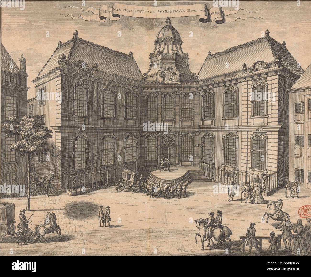 View of Kneuterdijk Palace in The Hague, 't Huis van den Grave van Wassenaer, lord of Obdam (title on object), View of Kneuterdijk Palace on Kneuterdijk in The Hague. Different figures on the street., print maker: anonymous, after drawing by: Gerrit van Giessen, publisher: Reinier Boitet, after drawing by: The Hague, publisher: Delft, publisher: Amsterdam, 1730 - 1736, paper, etching, engraving, height 285 mm × width 343 mm, print Stock Photo