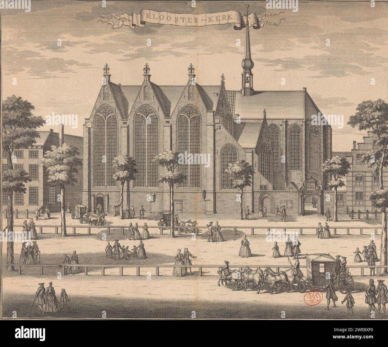 View of the Kloosterkerk in The Hague, Klooster-kerk (title on object), View of the Kloosterkerk on the Lange Voorhout in The Hague. Various figures and carriages in front of the church., print maker: anonymous, after drawing by: Gerrit van Giessen, publisher: Reinier Boitet, after drawing by: The Hague, publisher: Delft, publisher: Amsterdam, 1730 - 1736, paper, engraving, etching, height 285 mm × width 344 mm, print Stock Photo