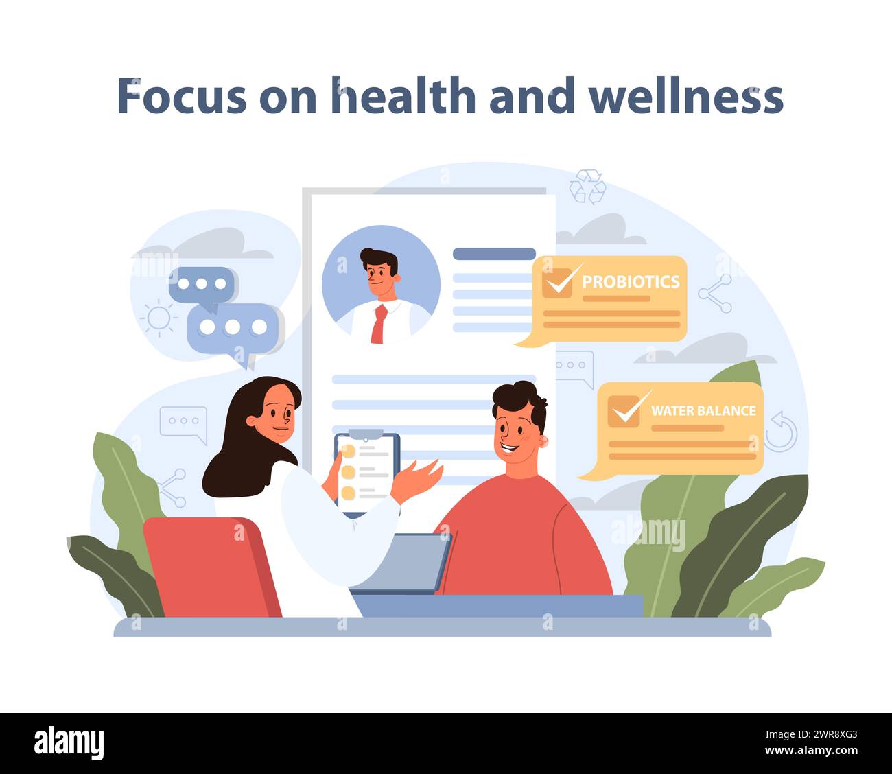 Health and Wellness Focus. A consultation on wellness, featuring probiotics and hydration, showcases a proactive approach to personal health. Stock Vector