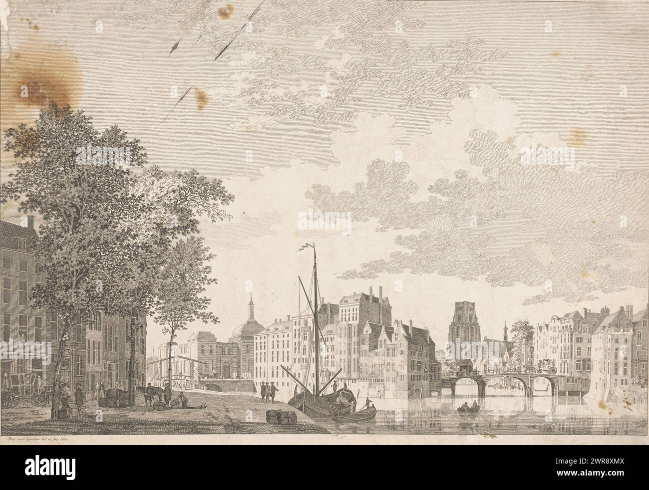 View at the Oudehaven in Rotterdam, View at the Oudehaven in Rotterdam. On the left the Geldersekade. In the background on the left is the Beurs aan de Blaak. In the background on the right is the Grote or Sint-Laurenskerk., print maker: Paulus van Liender, after own design by: Paulus van Liender, Utrecht, 1760, paper, etching, height 242 mm × width 349 mm, print Stock Photo