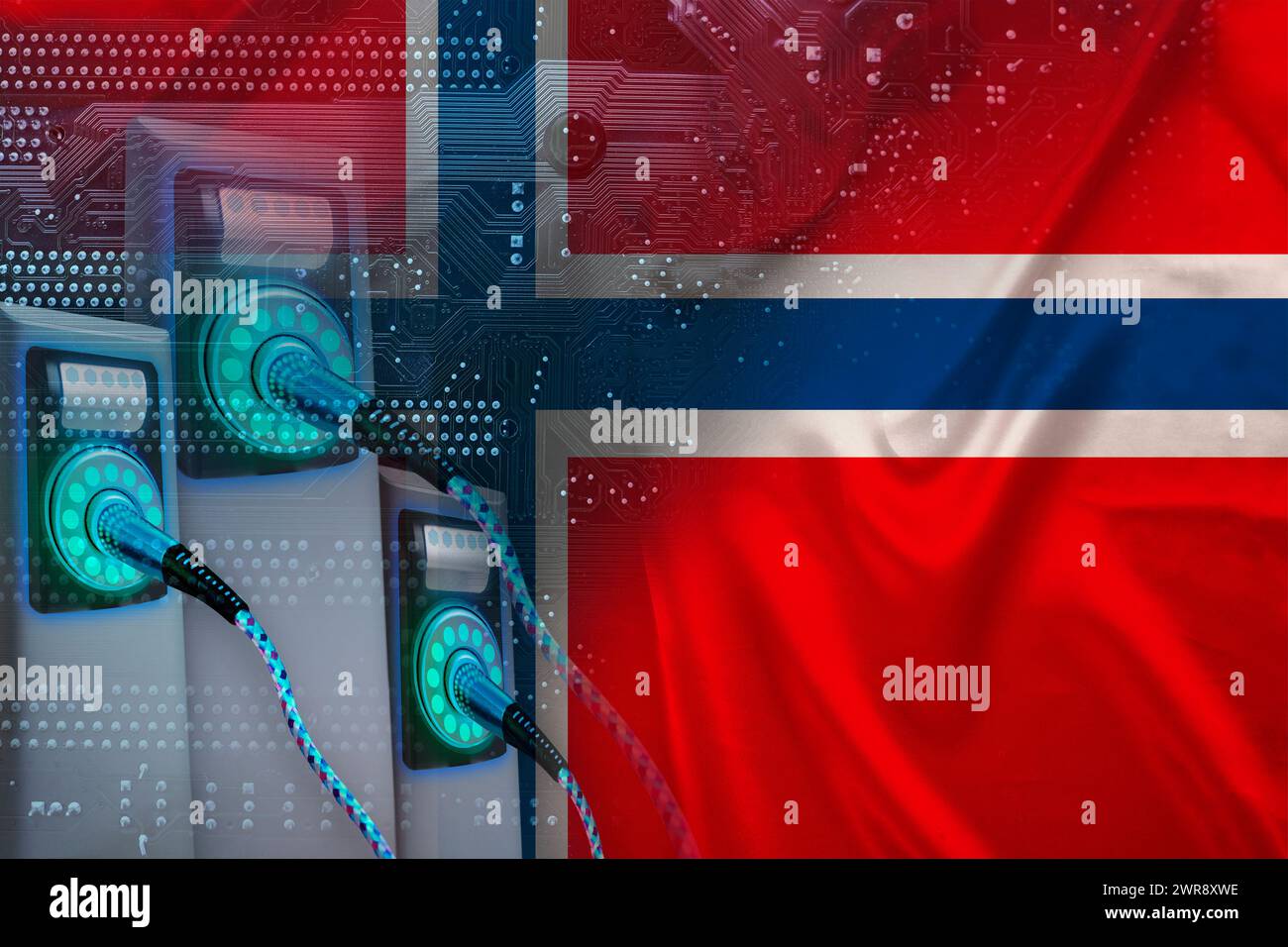 Norway national flag, replenish battery charging station, alternative energy development concept, electric vehicle production, global business, 3d ill Stock Photo