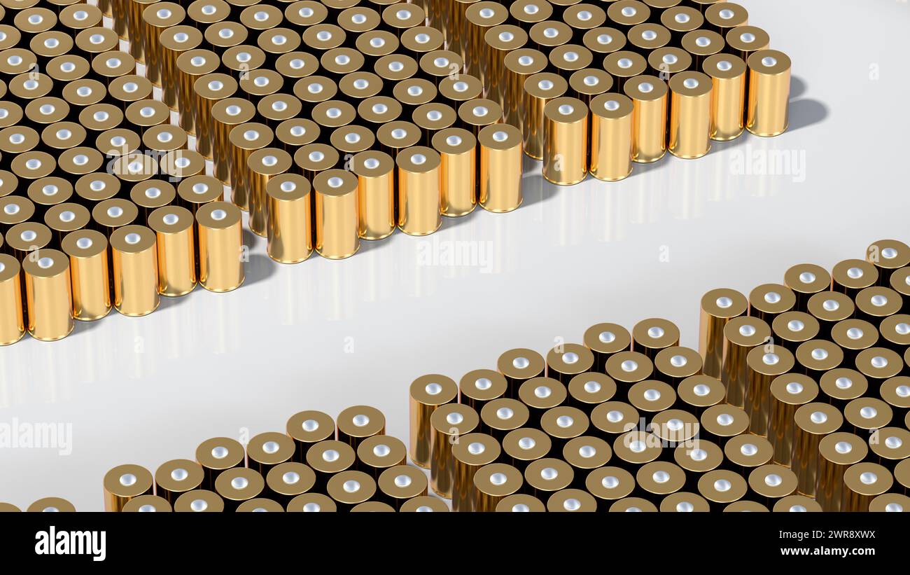 pack Tesla 4680 format cylindrical lithium traction gold battery for modules, high energy cylindrical accumulators, dry electrode, power, energy for e Stock Photo
