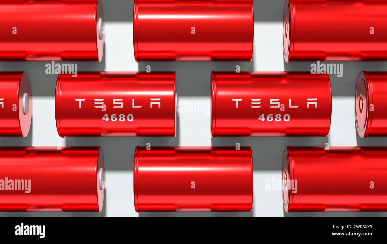 Lithium-ion red Tesla Battery 4680, High-capacity accumulator cell modules, tables cell, production high power, Renewable energy electric vehicles, dr Stock Photo